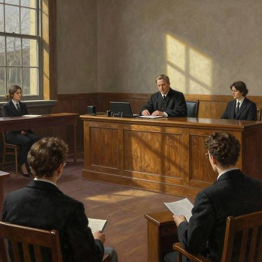 Photograph of four men in black suits seated in a wooden-paneled courtroom with sunlight streaming through large windows, discussing papers at a central wooden bench.