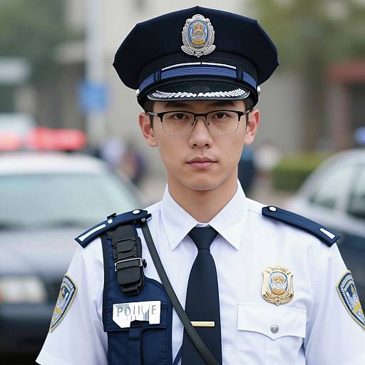 Photograph of a young Asian male police officer with glasses, wearing a black cap, white uniform, black tie, and vest, standing on a city