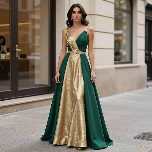Photograph of a woman with wavy dark hair, wearing a sleeveless, deep green gown with gold accents and a gold belt, standing on a