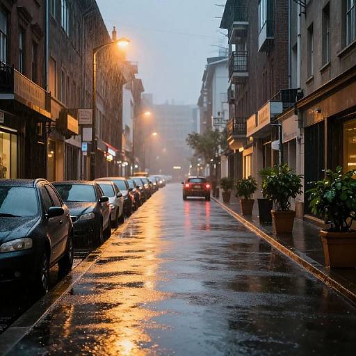 Rain-Soaked Urban Street in April