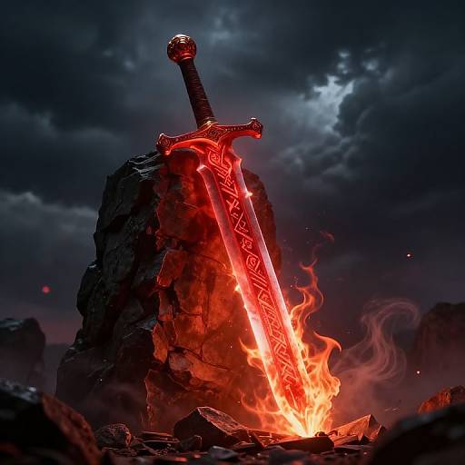 Photorealistic digital artwork of an glowing red sword with runes, surrounded by fiery flames, embedded in a dark rocky landscape under a stormy, cloudy