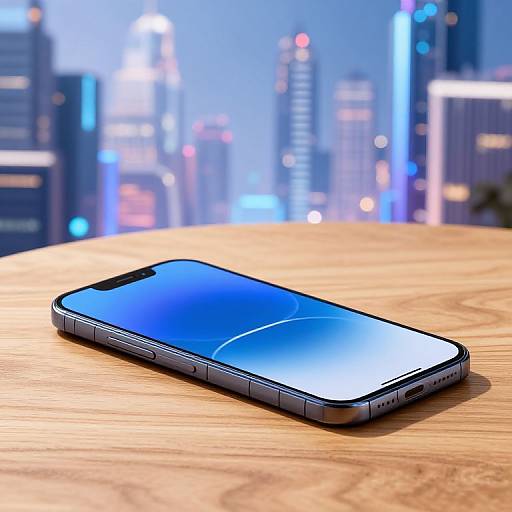 Photograph of a sleek, modern smartphone with a blue screen, lying on a wooden surface against a blurred cityscape background.