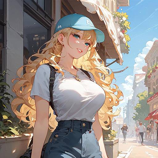 Digital anime-style illustration of a blonde woman with large breasts, wearing a white t-shirt, blue jeans, and a teal cap, standing on a sunny