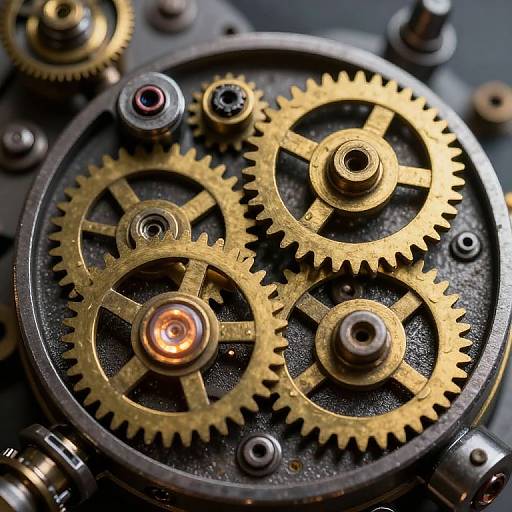 Close-up photograph of intricate brass gears and cogs with a small glowing orange ruby in a dark mechanical device.