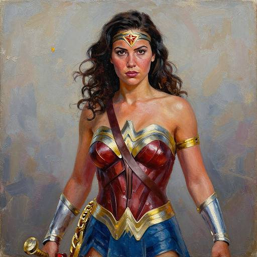 Digital painting of Wonder Woman with curly brown hair, red bustier, blue skirt, gold tiara, arm bands, and chain belt, standing against