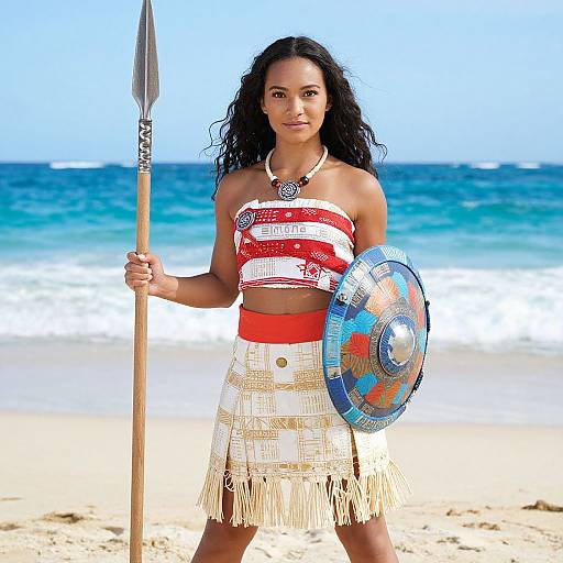 Photograph of a confident woman with dark curly hair, wearing a red and white striped top, white fringe skirt, holding a spear and shield, standing
