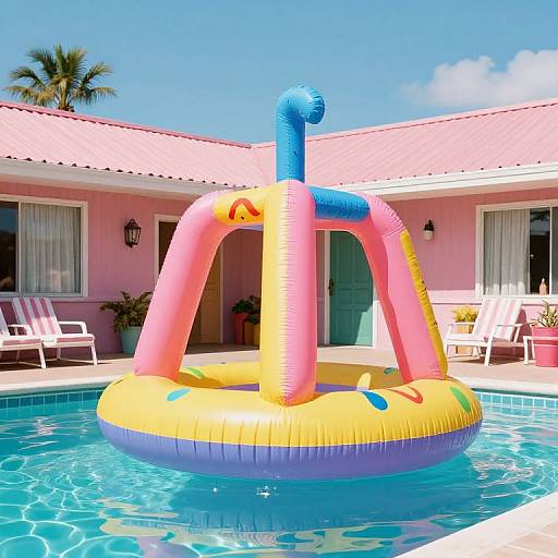 Photograph of a colorful inflatable pool float shaped like a pink and yellow inflatable tent, floating in a bright blue pool, surrounded by a pink stucc
