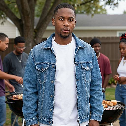 Photograph of a young Black man with short hair, wearing a denim jacket over a white t-shirt, standing in a backyard barbecue with friends and gr