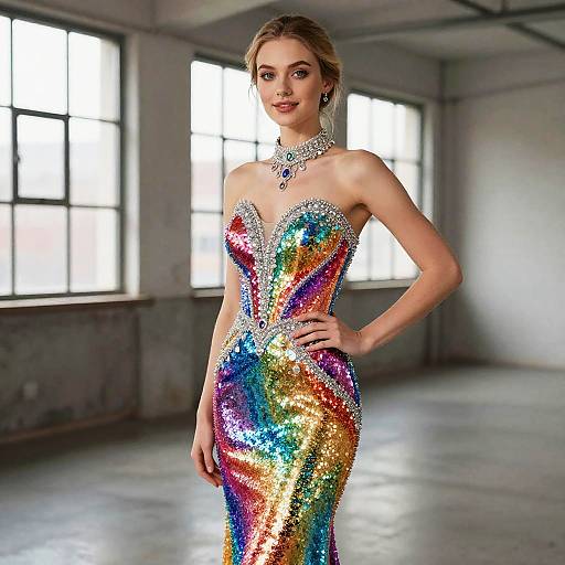 Photograph of a blonde woman in a strapless, rainbow sequin gown with silver embellishments, standing in a sunlit, industrial-style room.