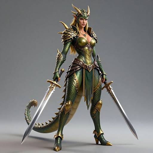 Digital CGI of a fierce, green-scaled dragon warrior woman with gold armor, horns, and long tail, holding two large swords, standing confidently against