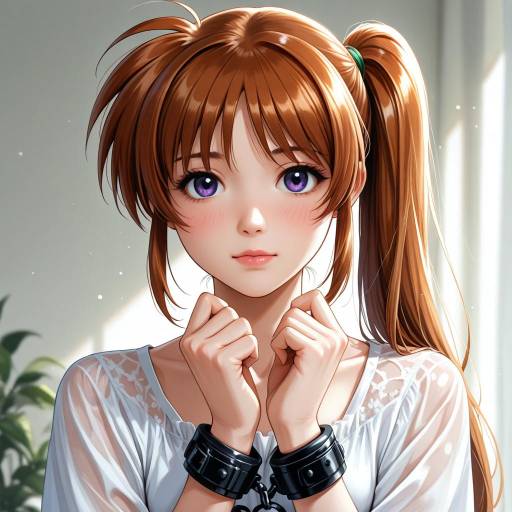 Anime Girl with Purple Eyes in Black Wristbands