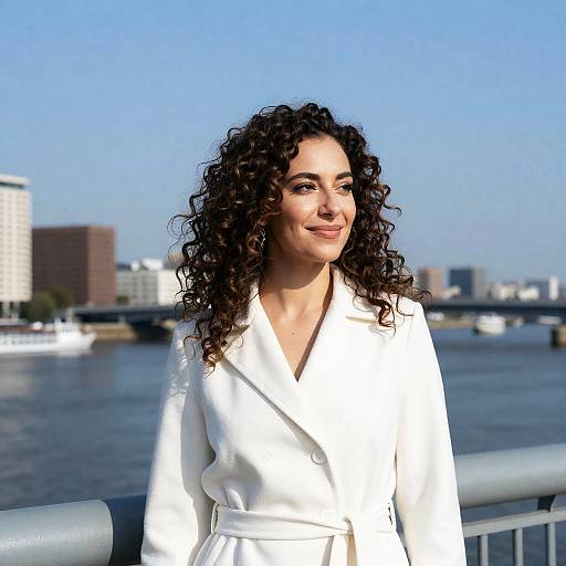 Woman in White Coat by River with Urban Skyline