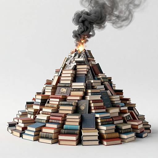 Illustration of a towering pyramid of books, with a burning book at the top, emitting thick black smoke. White background.