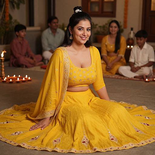 Photograph of a smiling South Asian woman in a yellow traditional lehenga, sitting cross-legged on a floor with lit candles, surrounded by seated men and