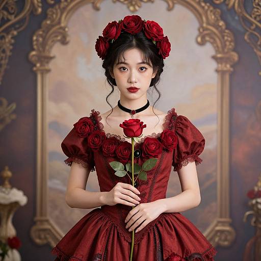 Photorealistic portrait of an Asian woman with black hair, red roses in her hair and dress, holding a single rose, wearing a black choker