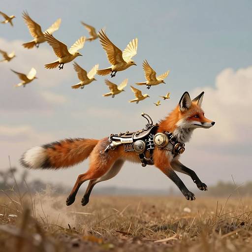 Photograph of a red fox in mid-leap, wearing a futuristic harness, with golden birds flying in a bright, cloudy sky.