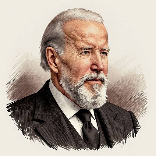 Digital portrait of an elderly white man with a white beard, wearing a black suit, white shirt, and black tie, gazing to the side.