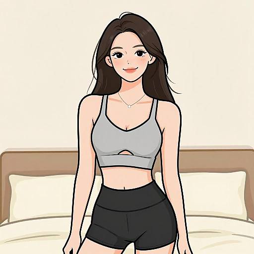 Digital anime-style drawing of a smiling woman with long dark brown hair, wearing a gray sports bra and black shorts, standing in front of a bed with