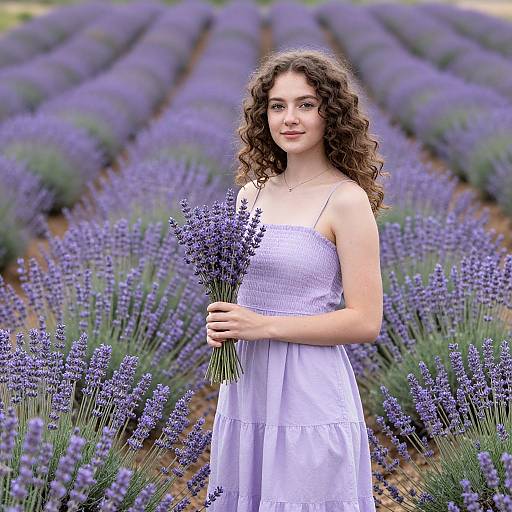 Photograph of a young woman with curly brown hair, wearing a white, sleeveless dress, standing in a lavender field, holding a bouquet of lavender