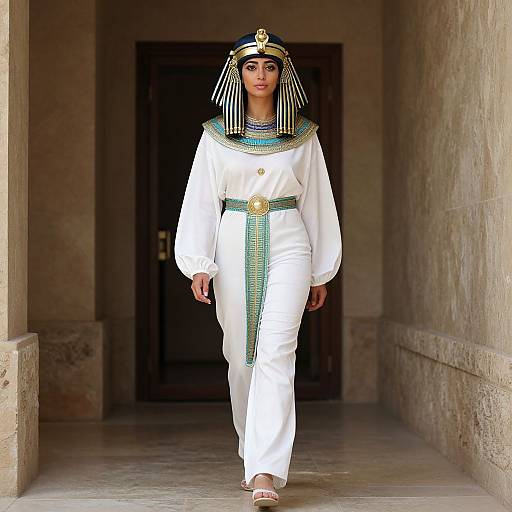 Photograph of a young woman in an Egyptian-style white dress with green stripes, black and white striped headdress, and gold belt, walking down a