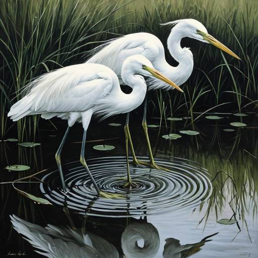 Hyperrealistic Oil Painting of Two White Egrets in Pond Hyperrealistic Oil Painting of Two White Egrets in Pond