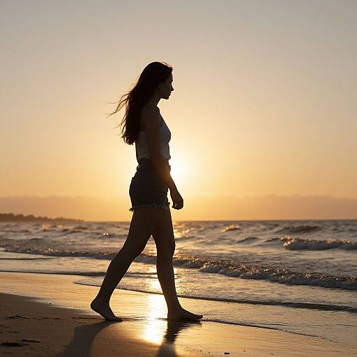 Silhouetted Woman Walking on Beach