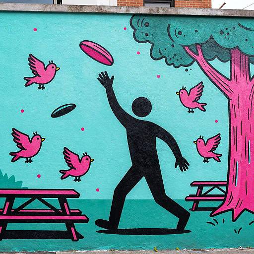 Vibrant mural of a black silhouette person throwing a frisbee amidst pink birds and pink trees, with teal background and black picnic tables. Digital