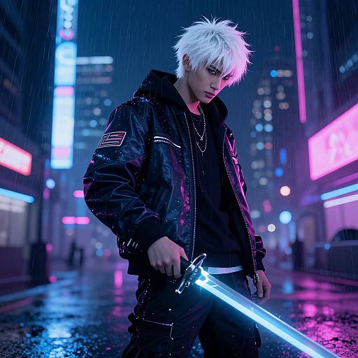 Cyberpunk night scene: White-haired man with glowing blue sword, black jacket, and hooded shirt, stands in rain-soaked neon-lit