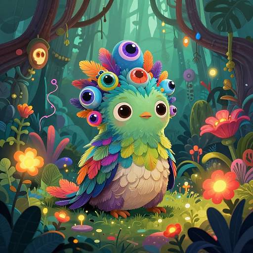 Vibrant, digital illustration of a multi-eyed, colorful bird with rainbow feathers standing in a magical, glowing forest with glowing flowers and enchanted lanterns