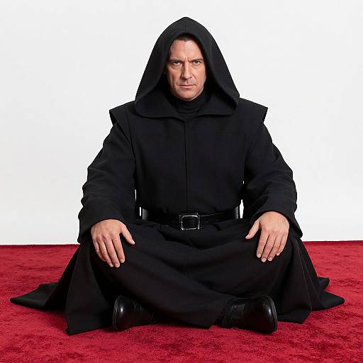 Photograph of a stern-looking man in a black hooded monk robe, kneeling on a red carpet with a white background.