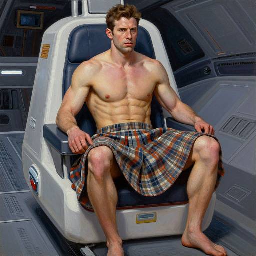 Muscular, shirtless man with short brown hair, wearing a plaid kilt, sitting in a futuristic white chair in a sci-fi setting.