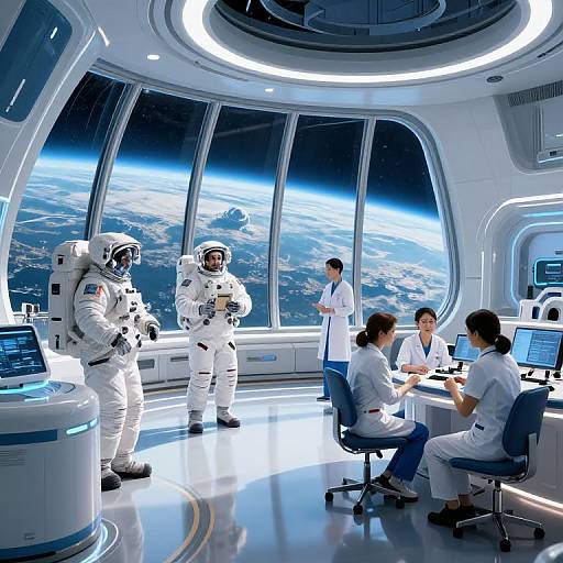 Photograph of two astronauts in white space suits standing in a modern, brightly-lit space control room with four scientists in white uniforms and large windows showing