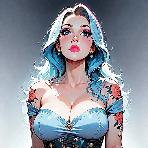 Stylized Woman in Denim Corset with Floral Tattoos
