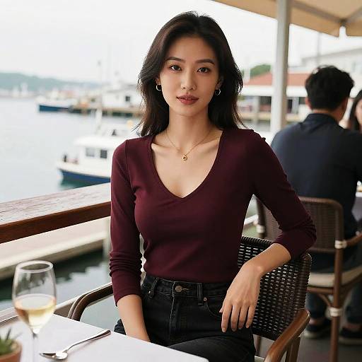 Chic Woman at Harbor Dining Spot