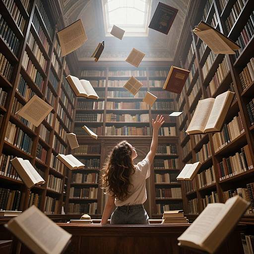 Photograph of a woman with curly hair in a white blouse, reaching up as books float in a sunlit, wooden library.