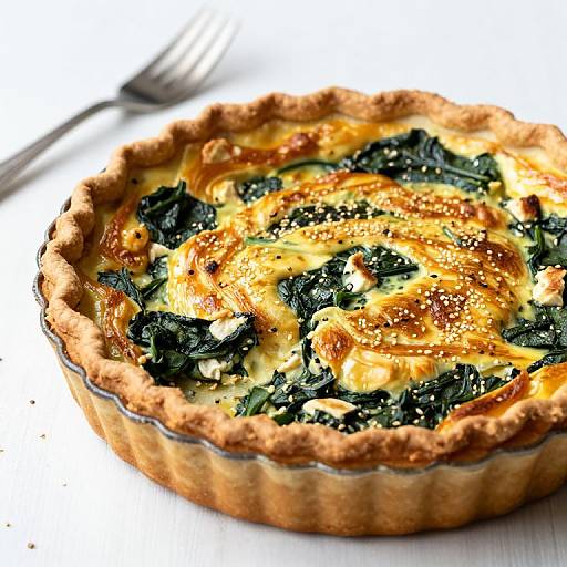 Photograph of a golden-brown, spinach and cheese savory tart with a flaky crust, topped with melted cheese and sprinkled with herbs, on