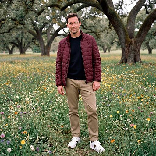 Photograph of a smiling man with short dark hair, wearing a maroon quilted jacket, black shirt, beige pants, and white sneakers, standing