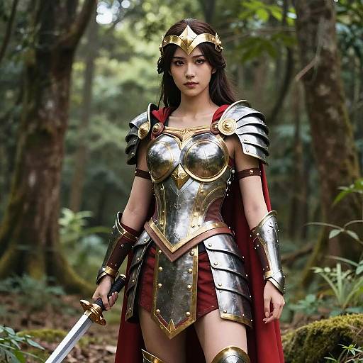 Digital artwork of an Asian woman in medieval-style gold and silver armor, holding a sword, standing in a lush forest.