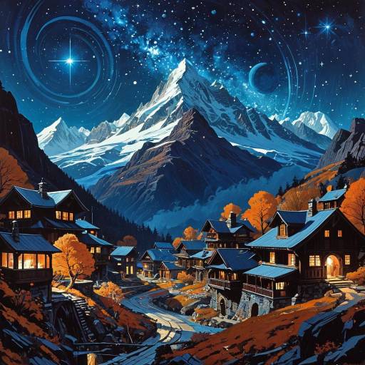 Majestic Mountain Village Under Starry Galaxy