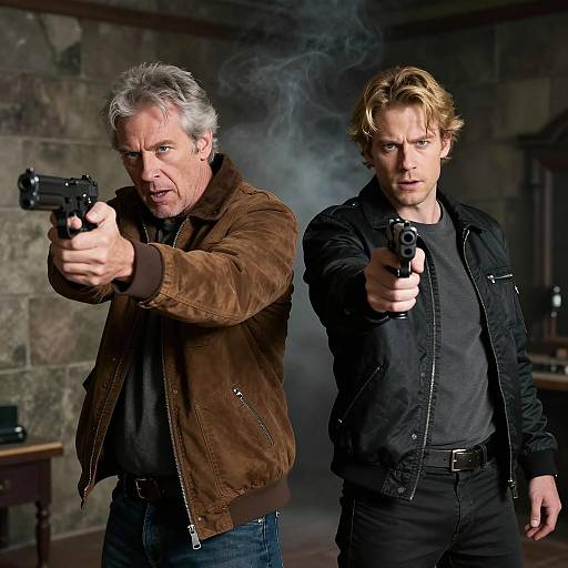 Two Men Aiming Guns in Stone Room