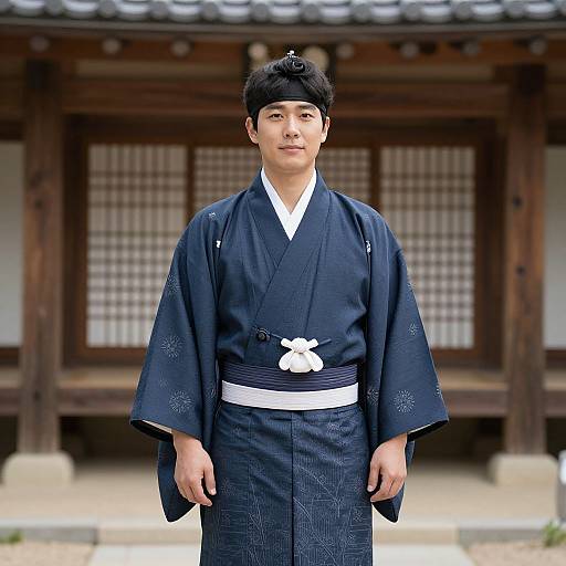 Photograph of a young Asian man in a traditional navy blue kimono with white floral patterns, white belt, and black hair, standing in front of
