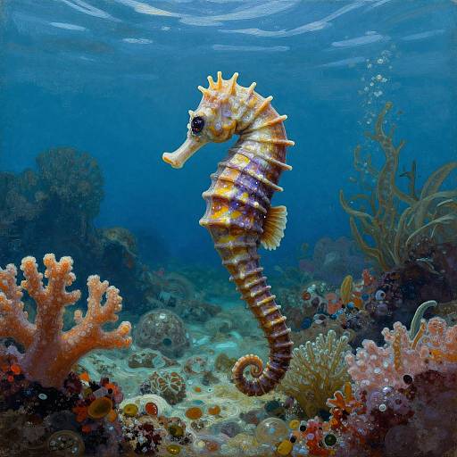 Vibrant photograph of a yellow and brown-striped seahorse swimming amidst colorful coral and seaweed in a deep blue ocean.