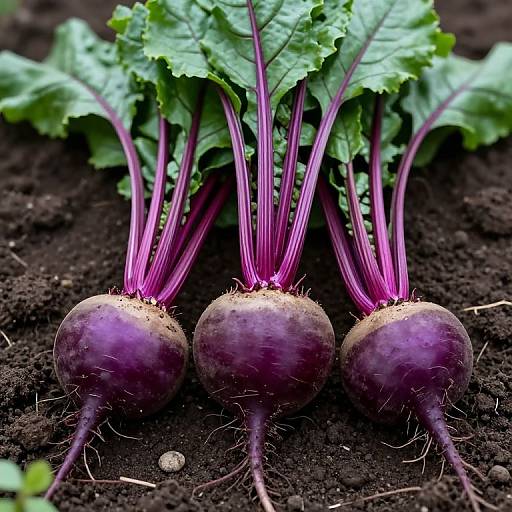 Photograph of three vibrant purple beets with green leaves and striking pink stems, planted in dark, rich soil.
