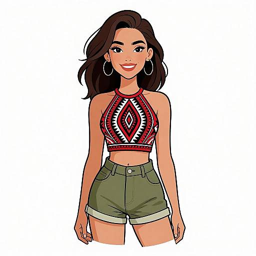 Digital illustration of a smiling woman with dark wavy hair, wearing a red and black patterned crop top and olive green shorts, large hoop earrings,