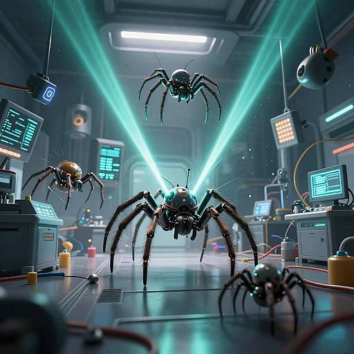 CGI sci-fi scene: Three menacing robotic spiders illuminated by blue laser beams in a futuristic lab with glowing screens and wires.