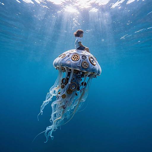 Photograph of a young person in a white shirt, sitting atop a decorative, blue and white, jellyfish-shaped float in a deep, sunlit