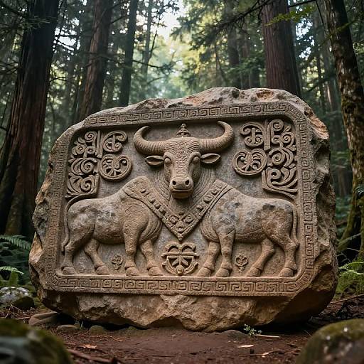 Photograph of an intricately carved stone relief in a forest, depicting two horned animals with decorative patterns and a geometric border.