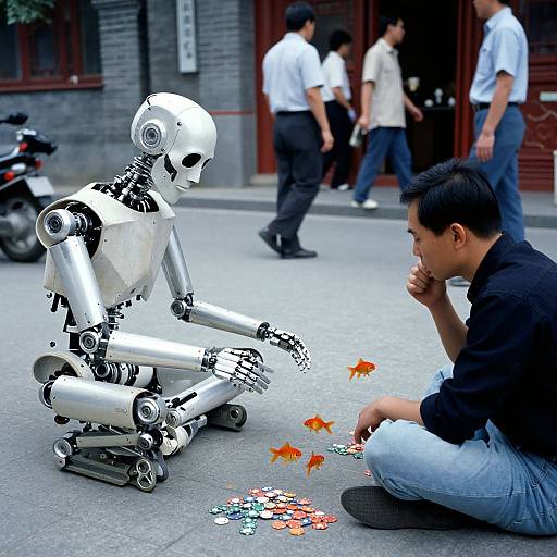 Photograph of a man playing cards with a silver robot on a street, surrounded by colorful fish-shaped cards, with blurred pedestrians in the background. Urban