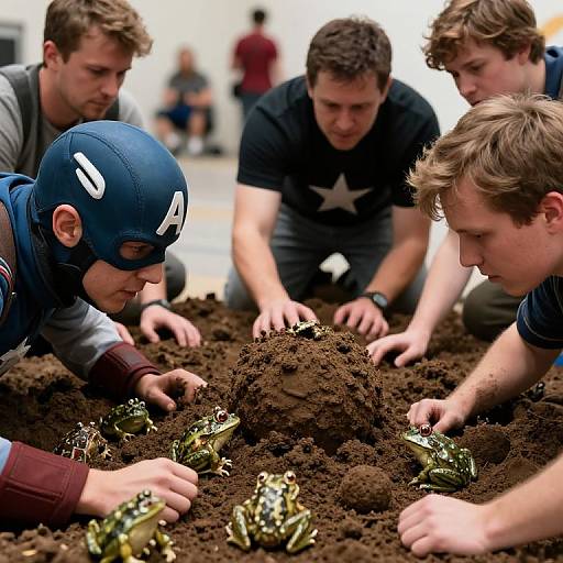 Photograph of five young men, four in casual shirts, one in a blue superhero mask, digging through dark soil for green frogs.