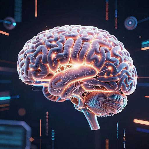 Digital CGI of a glowing, neon-lit human brain with vibrant orange and white highlights, floating in a dark, futuristic background with colorful light streaks